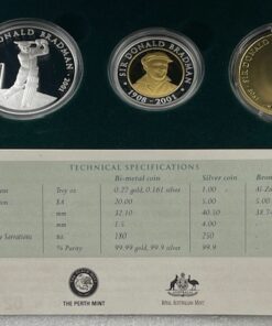 Alternative view of 2001 Sir Don Bradman $20 Gold, $1 Silver and $5 Bronze set (.27g Gold)